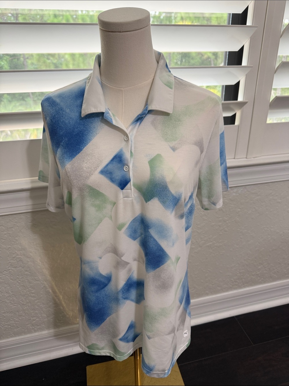 Puma White Short Sleeve Polo with Blue & Green Abstract Spray Print